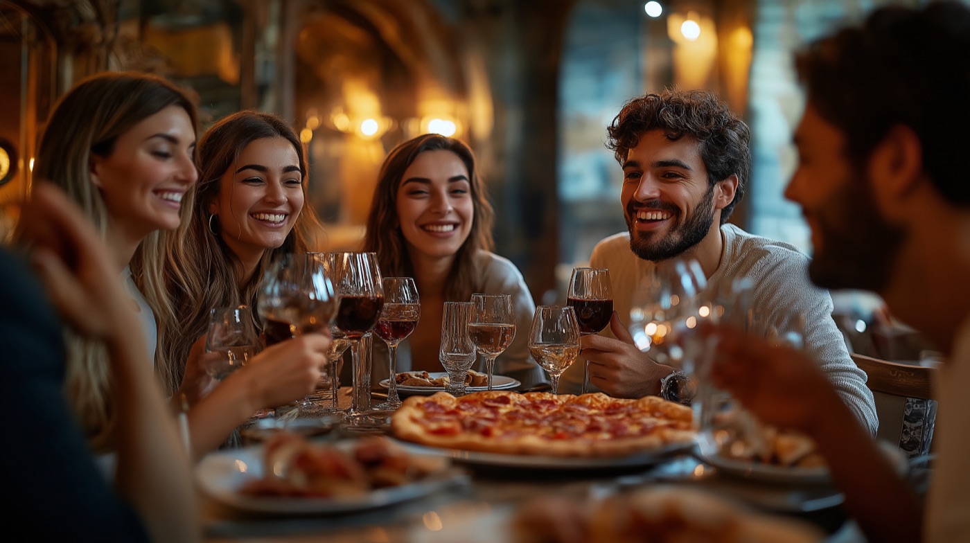 Friends enjoying food and drinks at a restaurant